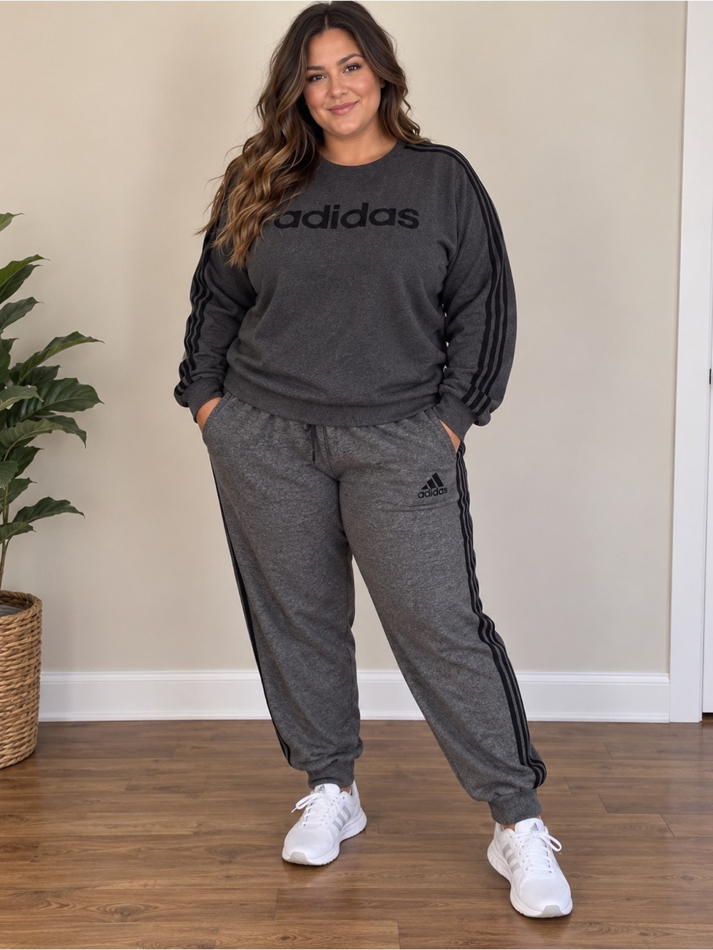 adidas Charcoal Gray Logo Track Jogger Pants with crewneck outfit